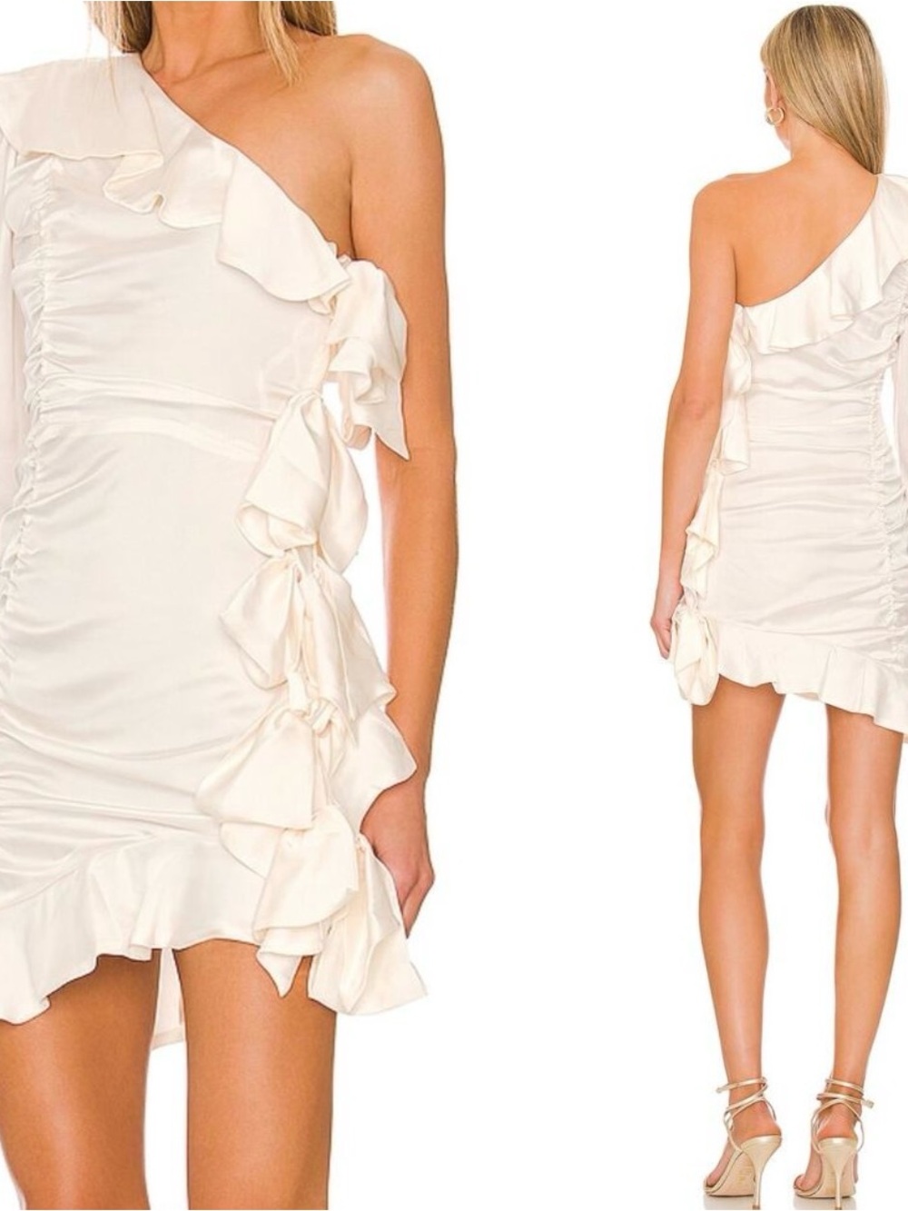 TULAROSA 'Naomi' Cream Satin Ruched Ruffled One Sleeve Mini Dress XL